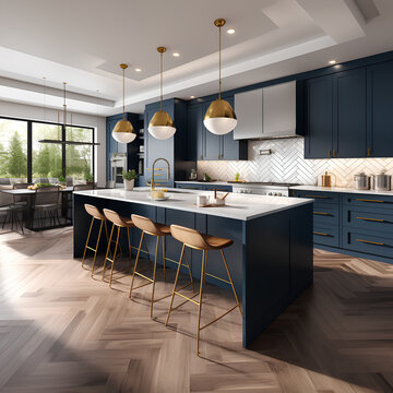 photorealistic image of a modern kitchen renovation. The kitchen should feature deep blue shaker cabinets, a white quartz countertop with a waterfall edge on the central island, PNG, 300 DPI