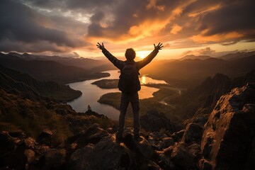 silhouette of a person standing on a cliff with raised arms