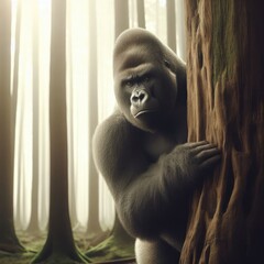 Black gorilla on the forest - obrazy, fototapety, plakaty