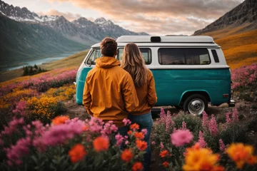 Foto op Plexiglas Generative AI illustration of couple next to a turquoise van, gazing at a picturesque landscape with towering mountains a serene lake during sunset © ADDICTIVE STOCK CORE