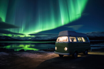 Generative AI image vintage van parked beside a lake with a mesmerizing display of the Northern Lights in the night sky above snow-capped mountains - obrazy, fototapety, plakaty