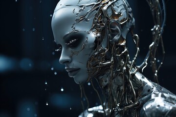 futuristic cyber female zombie model splattered with liquid