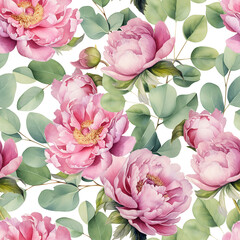 seamless pattern with pink peonies flowers and eucalyptus leaves. watercolor floral print