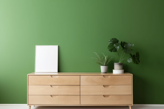 Modern chest of drawers with houseplant and blank pictures hanging on green wall in room, aesthetic look