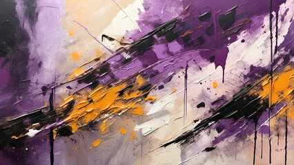 Abstract oil painting on canvas texture with splashes yellow, orange and purple colors. Illustration for design, wallpaper, backdrop, template. Modern art concept