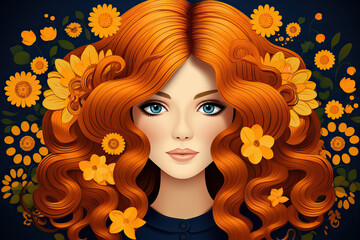 Generative AI image of woman with auburn hair and sunflowers