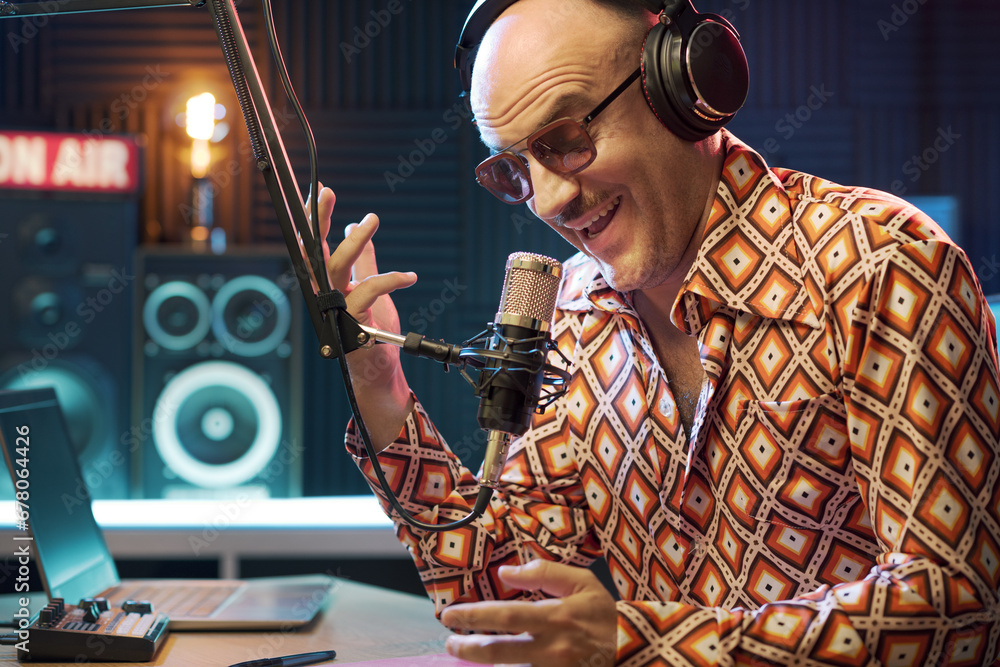 Wall mural Host working at the radio broadcasting studio