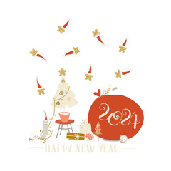 New Year illustration. Happy new year 2024 lettering. Christmas tree with garland and cat.