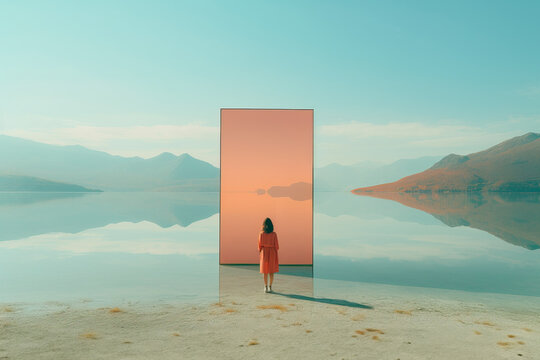 A woman standing in front of a mirror on a beach created with Generative AI technology