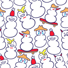 seamless color pattern with snowmen in doodle style. template for print, background, wallpaper, fabric, packaging, children's book, decoration.