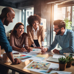 Group of diverse office worker employee working together on strategic business marketing planning in corporate office room. Positive teamwork in business workplace concept. Prudent, PNG, 300 DPI