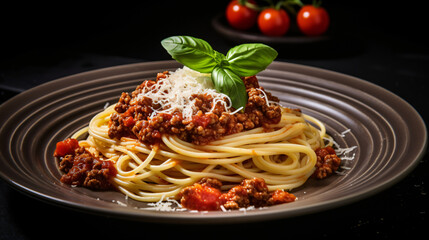 Spaghetti Bolognese with parmesan cheese and tomatoes