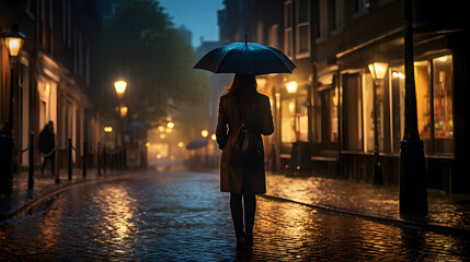 A woman walks on a city street on a rainy day at night, she holds an umbrella against the rain.