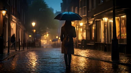 Fotobehang A woman walks on a city street on a rainy day at night, she holds an umbrella against the rain. © Nawarit