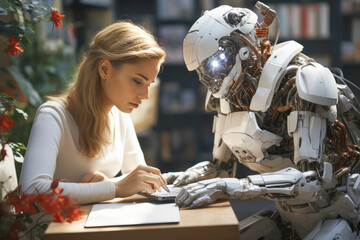 Young woman and robot working together in the office - obrazy, fototapety, plakaty