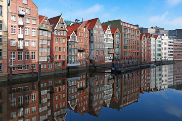 View of buildings along a canal in Hamburg, Germany - 678066065