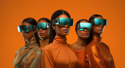 Five women don futuristic VR goggles against a bold orange background, highlighting the fusion of fashion and technology. Their poised stances signal readiness for a digital journey. Generative AI. - obrazy, fototapety, plakaty