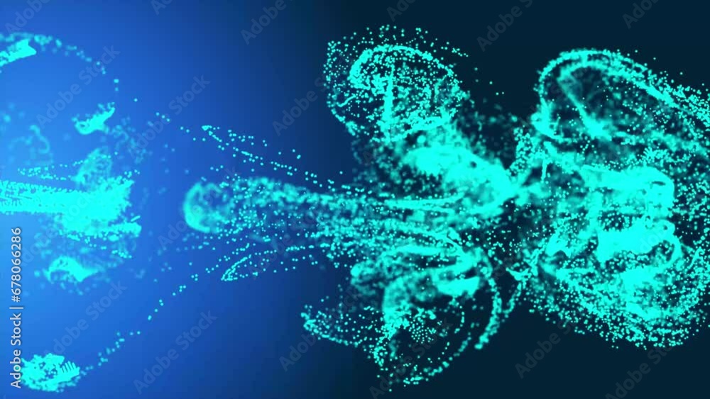 Poster light blue fluid particle dots are flowing in the animated video. animation of glow fluid particles 
