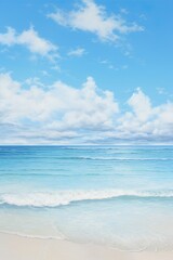 Fototapeta na wymiar Serene beach scene with soft sandy shore, ocean waves, and a blue sky with fluffy clouds. Vacation mood that speaks of tranquility and relaxation. Peaceful holiday. Relax in the nature.