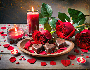 Red roses, scattered petals, candles, and heart-shaped chocolates create a love-infused setting on a wooden table for Valentine's Day.