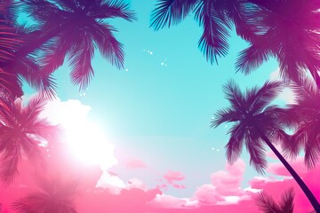 Dreamy tropical paradise with silhouetted palm trees against a vibrant pink and blue sky, evoking a serene vacation vibe. Travel holiday background. Empty, copy space for text.