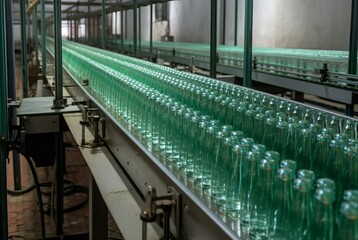Fototapeta premium Glass bottle factory conveyor. Row of empty brewery glass bottles industrial machinery production. Generate ai