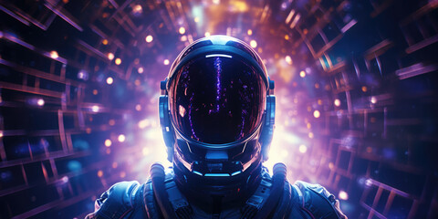 A futuristic astronaut stands against a vivid backdrop of glowing lights and geometric patterns, evoking a sense of space exploration and digital technology. Generative AI. - obrazy, fototapety, plakaty