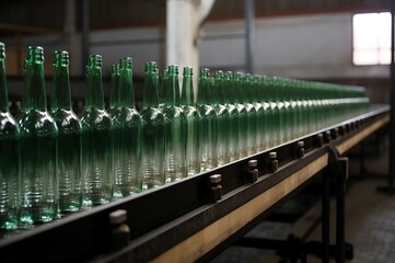 Row of glass bottle factory conveyor. Glassware manufacturing automation production machinery. Generate ai - Powered by Adobe