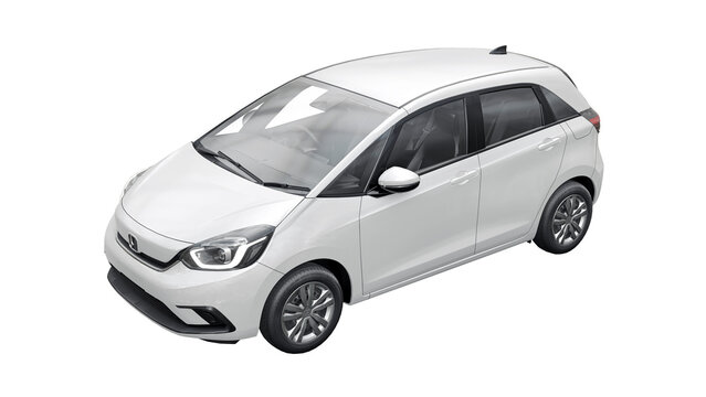 UK, London. November 14, 2023. Honda Fit (Jazz) 2021. White compact urban hybrid hatchback on a transparent background. 3d rendering.