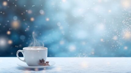 Obraz na płótnie Canvas Hot coffee in the cup with steam, a snowy background, snow, snowflake, bokeh light, winter-themed background, copy space, AI generative