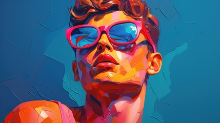 Pop collage Illustration of a handsome male fashion model with sunglasses over scolorful and vibrant patterns and shapes, Fashion, pop art