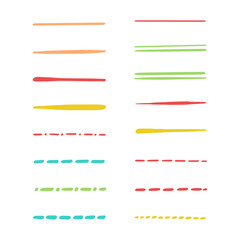 Collection of strikethrough multi colored underlines. different doodle colorful dotted and wavy lines. Horizontal hand drawn marker stripes, brush strokes. - obrazy, fototapety, plakaty