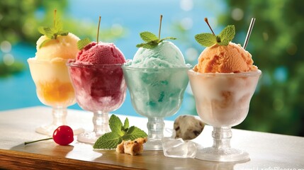 Ice cream in a glass on the table..A row of ice cream sundaes sitting on top of a wooden table.