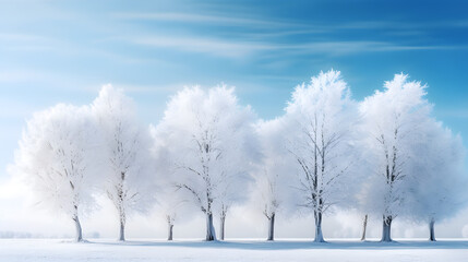 Frosty trees and clear blue sky, Winter landscape, 
 copy space, AI generative