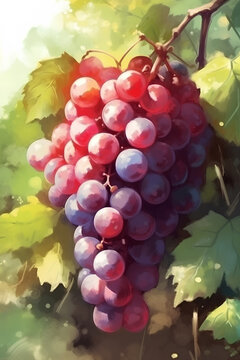 Bunch of ripe grapes in the summer garden, watercolor painting.