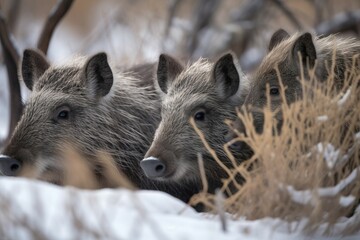 Group of javelina animals in snowy winter season. Peccary wild pigs in wintry wild nature. Generate ai - obrazy, fototapety, plakaty