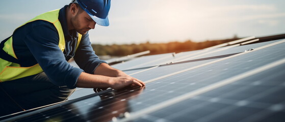 Electrical engineer worker in protective helmet and uniform working on roof with solar panels against sunset sky. man with helmet installing solar panels. generative ai