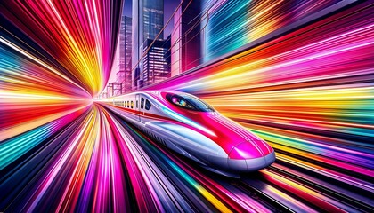 A high-speed bullet train blurs through a city, streaks of vivid colors symbolizing velocity and modernity.Generative AI - obrazy, fototapety, plakaty