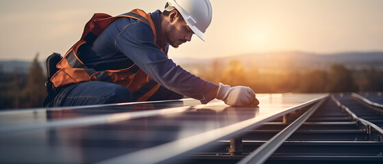 Electrical engineer worker in protective helmet and uniform working on roof with solar panels against sunset sky. man with helmet installing solar panels. generative ai - obrazy, fototapety, plakaty