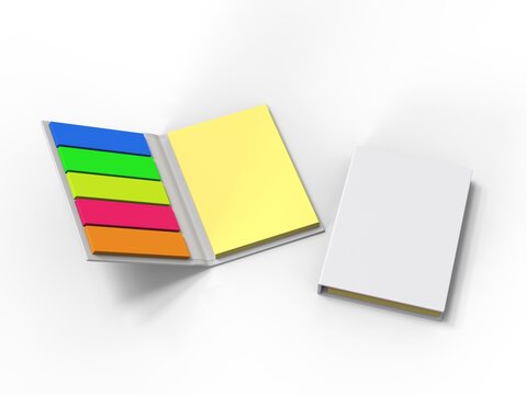 Colored Sticky Notes, Page Markers, Paper Tabs, book for mock up and branding, 3d render illustration