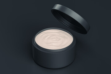 3d isometric illustration of cosmetic container in black color isolated on black background. Cosmetic cream container mockup