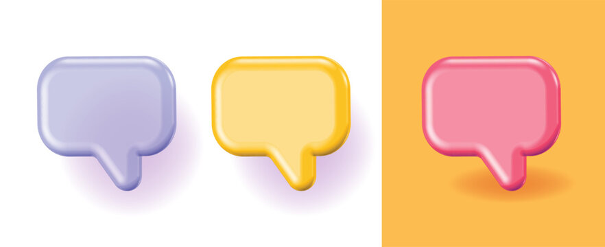 Chat bubble speech 3d message icon vector graphic, talk conversation element comic fun cartoon render illustration, discussion speak comment balloon dialog yellow gold red purple set image clipart