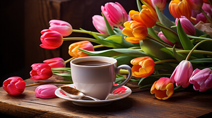 Fototapeta na wymiar Spring tulips and cup of coffee