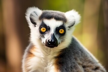 Closeup photo of lemur with orange eyes. Grey tropical jungle animal with striped fur. Generate ai