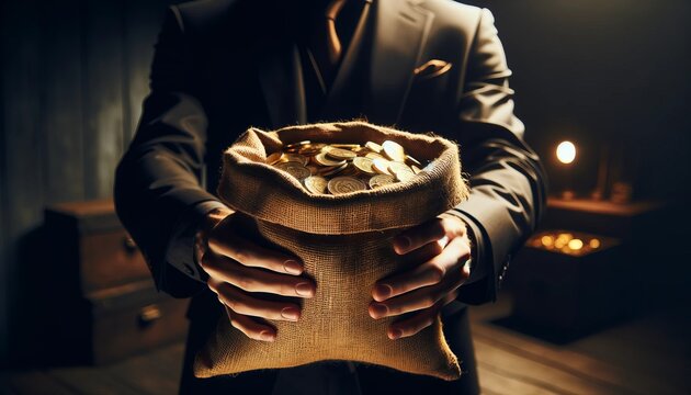 Man in black suit holding a bag full of shining gold coins. Golden coins are cradled in a bag, firmly gripped by a businessman. Wealth and luxury.