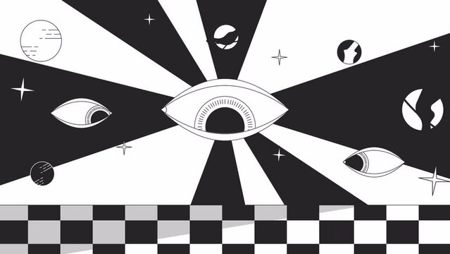 Groovy psychedelic world bw outline 2D animation. 70s retro watching over eyes trippy 4K video motion graphic. Stars planets. Hippie rave surreal monochrome linear animated cartoon flat concept
