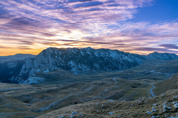 Sedlo Pass in the Durmitor Mountains of Montenegro with sunset light and colors