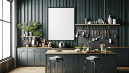 Kitchen interior with mock-up poster frame, dark green slatted wall, modern accessories, and stainless steel appliances.
 - obrazy, fototapety, plakaty