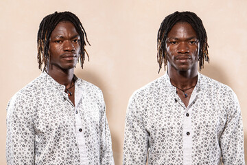 Identical twins. Portrait of a pair of African homozygous twin brothers. - obrazy, fototapety, plakaty