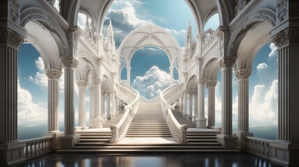 Gates of heaven, illustration of the road going to heaven. Fluffy clouds and people go up the stairs. concept: religion and faith